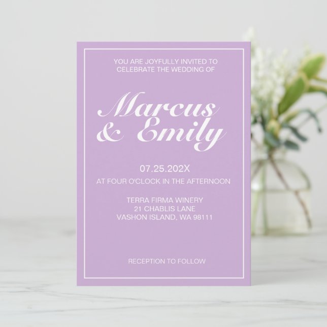 Invitación Púrpura pálida y Boda Minimalista moderna blanca (Anverso de pie)