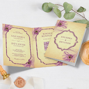 Invitación Púrpura Pavo de pavo real Código QR Boda indio