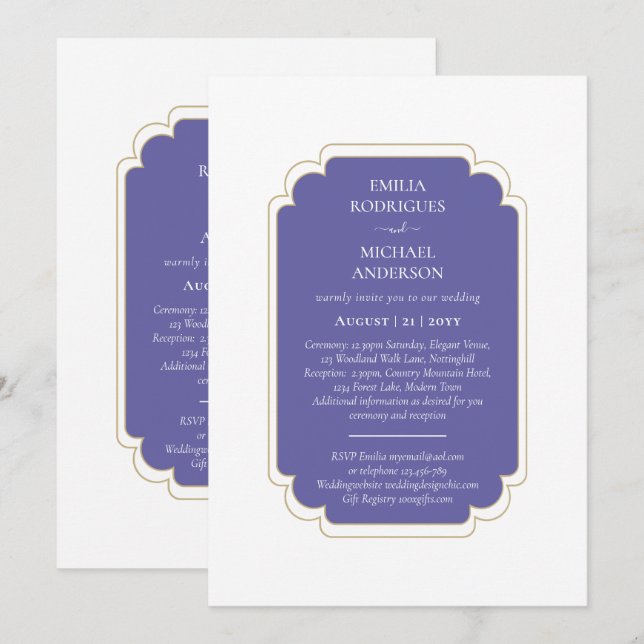 Invitación Púrpura Peri Boda BILINGÜE de doble lado (Anverso / Reverso)