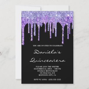Invitación Púrpura Periwinkle Brillo Gotea Quinceañera Negra