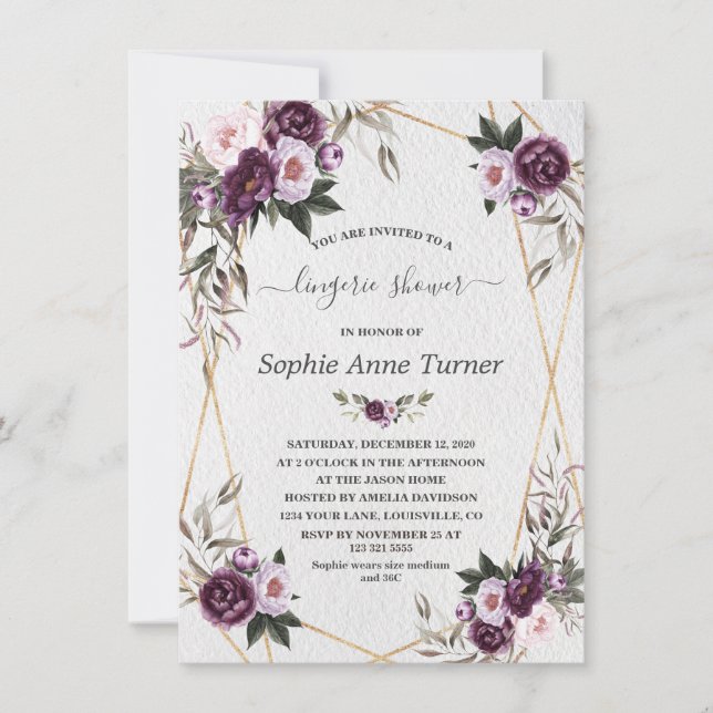 Invitación Púrpura Pink Peony Flowers Gold Lingerie Shower (Anverso)