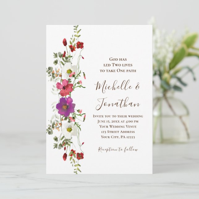 Invitación Púrpura Pink Wildflowers Boda Cristiana Floral (Anverso de pie)