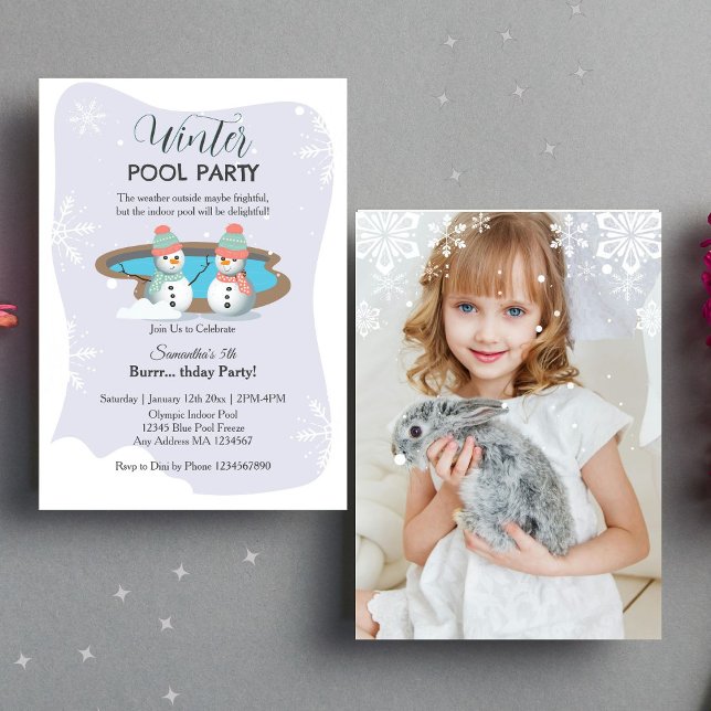 Invitación Púrpura piscina de invierno foto de fiesta de cump (Photo Invitation)