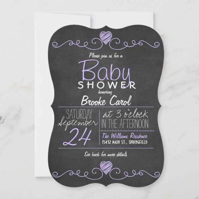 Invitación Púrpura, pizarrón Rústico Blanco, Baby Shower del  (Anverso)