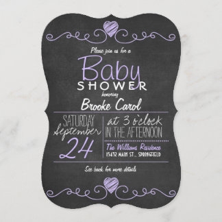 Invitación Púrpura, pizarrón Rústico Blanco, Baby Shower del