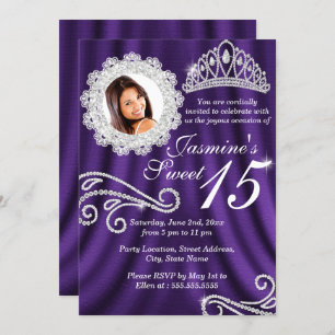 Invitación Púrpura Plata Diamante Tiara Foto Quinceanera