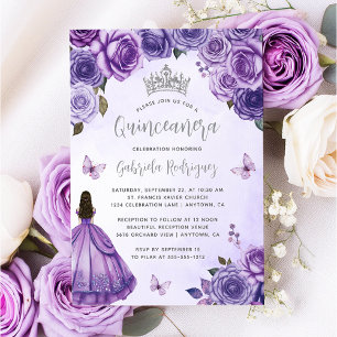 Invitación Púrpura Plata Floral Acuarela Quinceañera