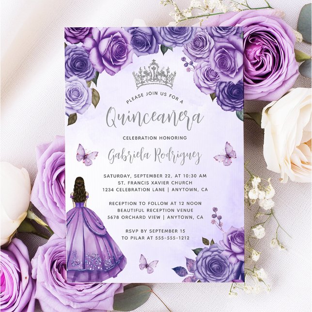 Invitación Púrpura Plata Floral Acuarela Quinceañera (Subido por el creador)