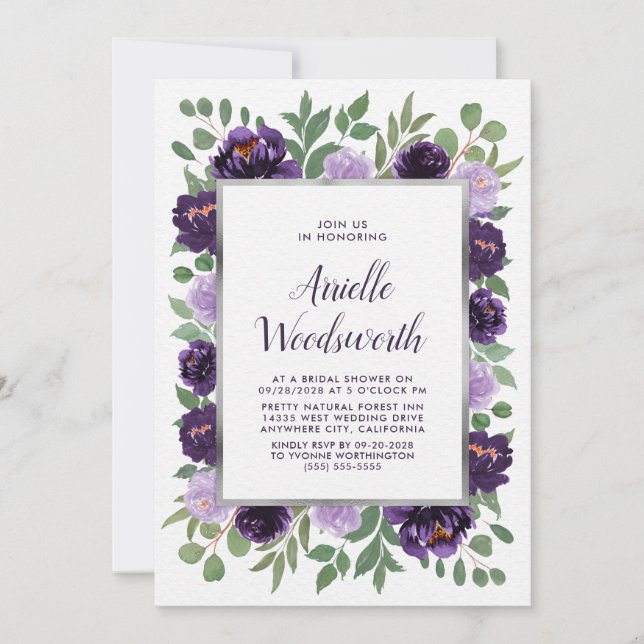 Invitación Púrpura Plata Floral Watercolor Plum Bridal Shower (Anverso)