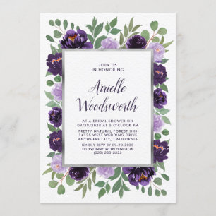 Invitación Púrpura Plata Floral Watercolor Plum Bridal Shower