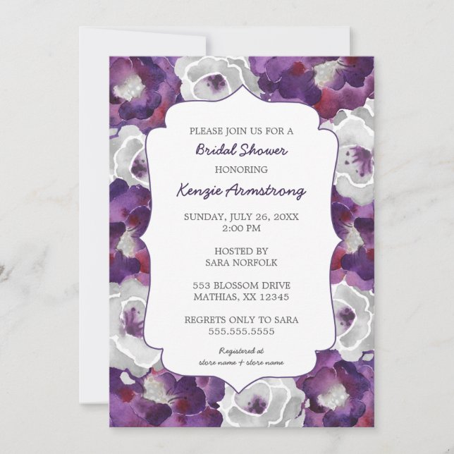 Invitación Púrpura plata gris floral ducha de novia invita (Anverso)
