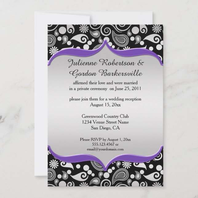 Invitación Púrpura Plata Negro Paisley Post Boda (Anverso)