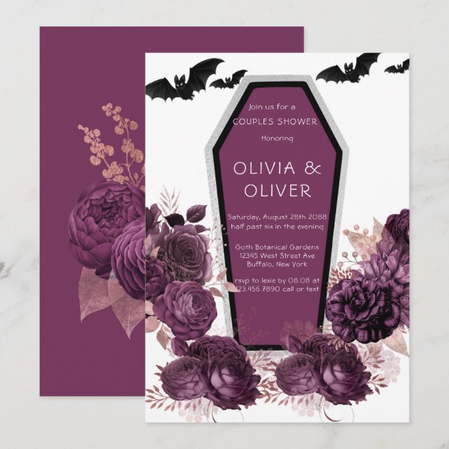 Invitación Púrpura Plata Peony Coffin Bats Ducha Parejas (Anverso / Reverso)