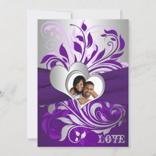 Invitación Púrpura Plata Scrolls, Hearts Photo Wedding Invite
