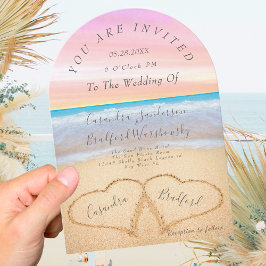 Invitación Púrpura Playa Rosa Boda 2 Corazones Boda de arena