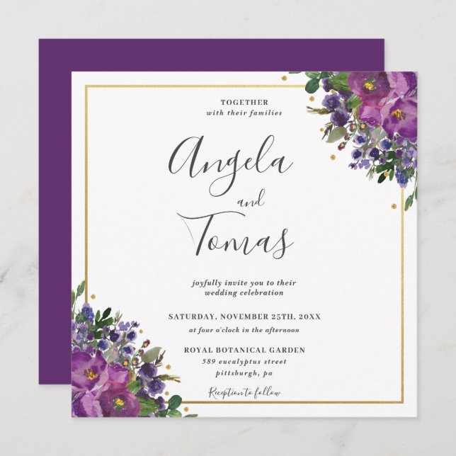Invitación Púrpura Plomo Floral Verdor Boda Plaza de Oro (Anverso / Reverso)