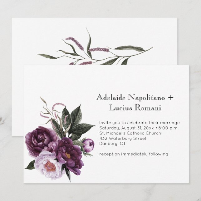 Invitación Púrpura Pluma Rosa Floral Boda de acuarela | (Anverso / Reverso)