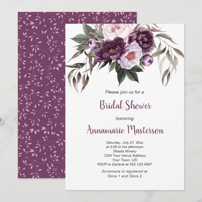 Invitación Púrpura Pluma Rosa Peonies Verdor Ducha de Novias (Anverso / Reverso)