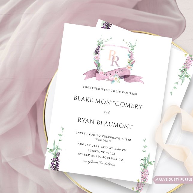 Invitación Púrpura Polvorienta, Mauve Pastel Boda de Monogram (Subido por el creador)