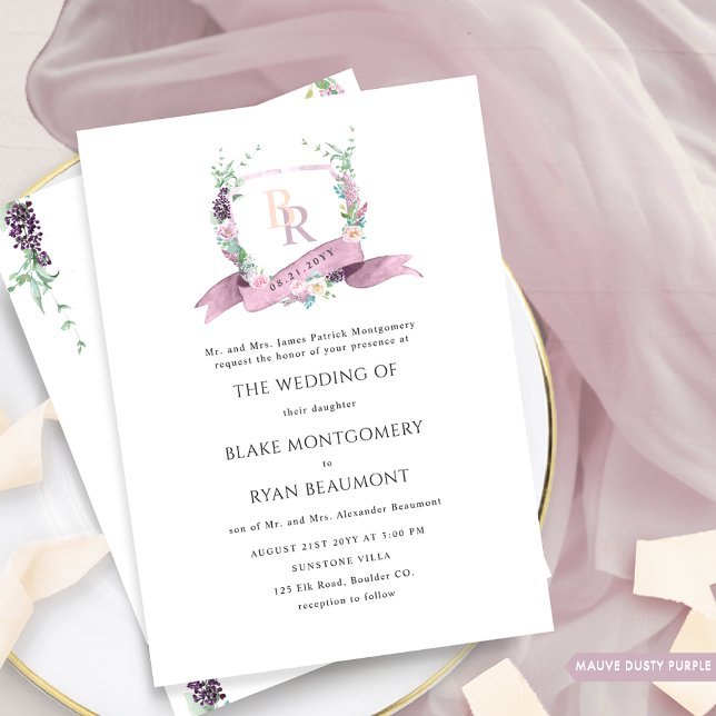 Invitación Púrpura Polvoriento, Mauve Pastel Boda de Monogram (Subido por el creador)