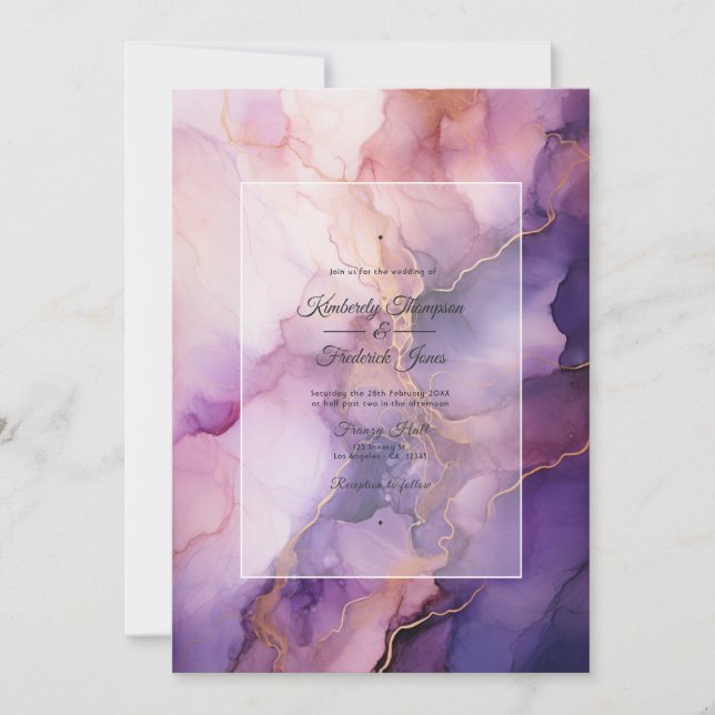 Invitación Púrpura profunda, lavanda y Boda de tinta dorada R (Anverso)