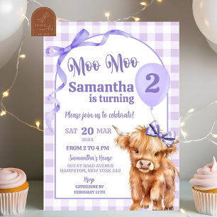Invitación Púrpura Púrpura Moo Santo Vaca Segundo Cumpleaños