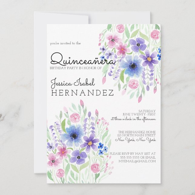 Invitación Púrpura Púrpura Paisaje Floral Quinceañera (Anverso)