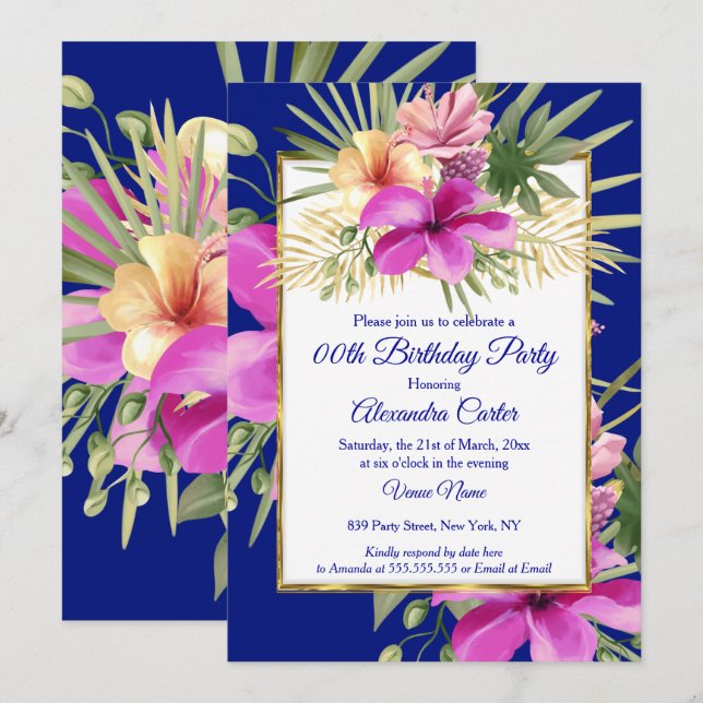 Invitación Púrpura Púrpura Tropical Rosa Hibiscus Fiesta Flor (Anverso / Reverso)
