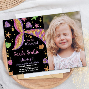 Invitación Púrpura Purpurina de oro Mermaid Tail Cumpleaños c