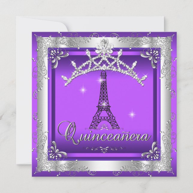 Invitación Púrpura Quinceanera 15 Plata Tiara Torre Eiffel (Anverso)