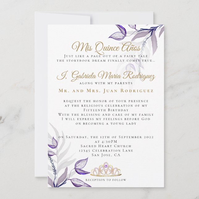 Invitación Púrpura Quinceañera Mis Quince Años Follaje Morado (Reverso)