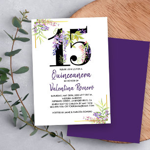 Invitación Púrpura Quinceanera Número Floral 15 Cumpleaños