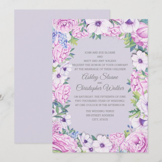 Invitación Púrpura Ranunculus Anenome Floral Wreath Boda (Anverso / Reverso)