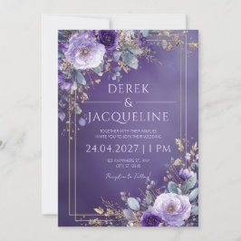 Invitación Púrpura Real de Oro Lámina Floral Lavanda Boda