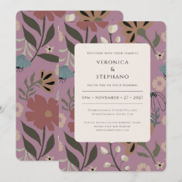 Invitación Púrpura retro, verde, floral marrón, boda