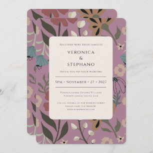 Invitación Púrpura retro, verde, floral marrón, boda