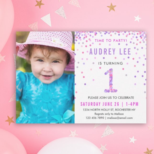 Invitación Púrpura Rosa 1er cumpleaños Fiesta foto Cumpleaños (Pink and purple confetti for your little girl's first birthday - easily add your own photo!)