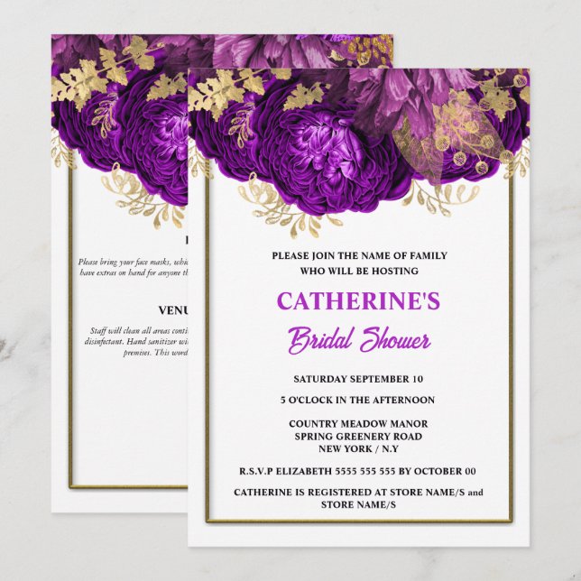 Invitación Púrpura rosa blanca dorada acuarela ducha de novia (Anverso / Reverso)