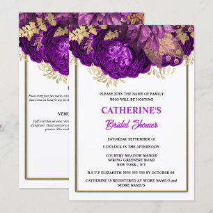 Invitación Púrpura rosa blanca dorada acuarela ducha de novia