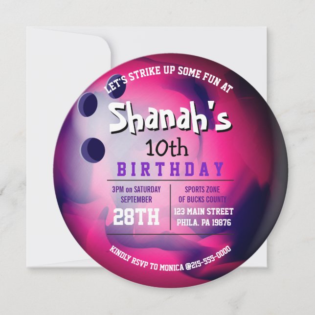 Invitación Púrpura Rosa BOWLING BALL ROUND Birthday Party (Anverso)