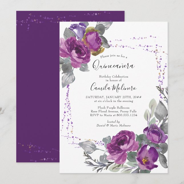 Invitación Púrpura Rosa Confetti Frame Floral Quinceanera (Anverso / Reverso)