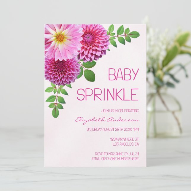 Invitación Púrpura Rosa Dahlia Chica Bebé Sprinkle (Anverso de pie)