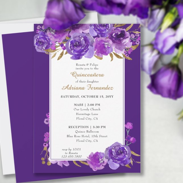 Invitación Púrpura Rosa Elegante Hoja de Oro Quinceanera y Ma (Subido por el creador)
