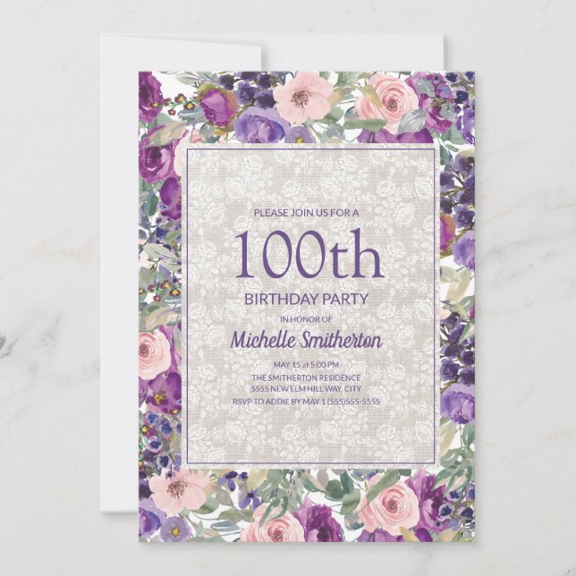 Invitación Púrpura Rosa Floral Lace 100 cumpleaños (Anverso)