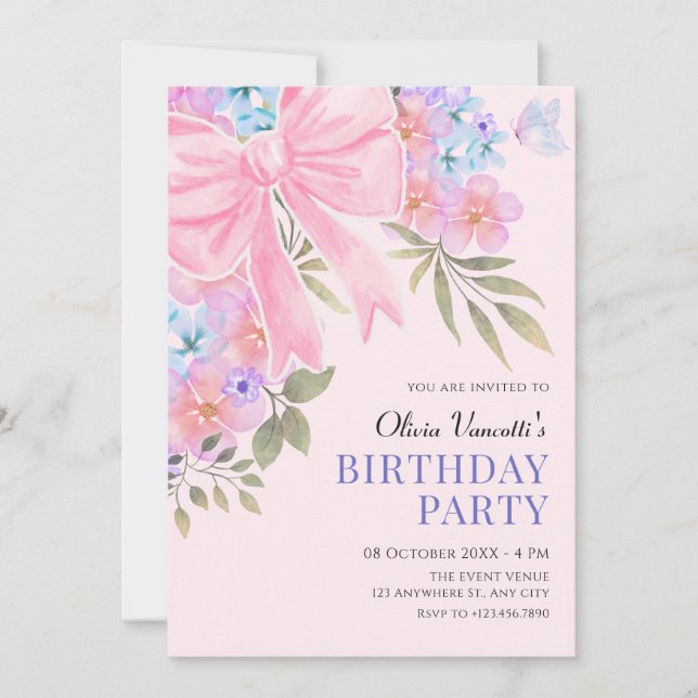Invitación Púrpura rosa Morado de arco floral cumpleaños (Anverso)