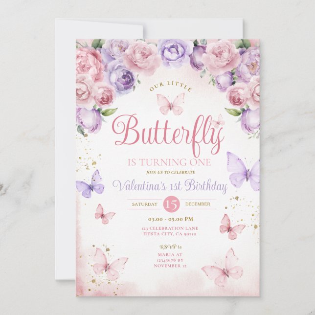 Invitación Púrpura Rosa Nuestra mariposa pequeña se está volv (Anverso)