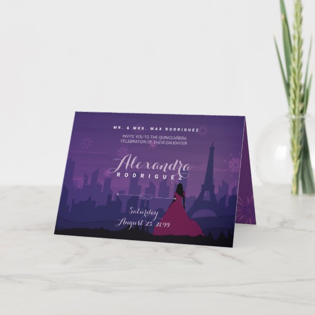 Invitación Púrpura Rosa París Fuegos artificiales Quinceañera (Anverso)