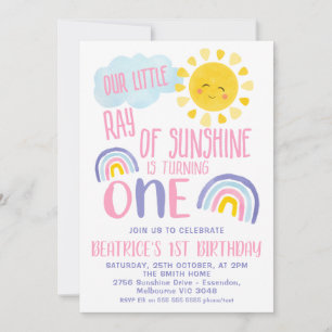 Invitación Púrpura Rosa Pequeño Rayo De Sol Primer Cumpleaños