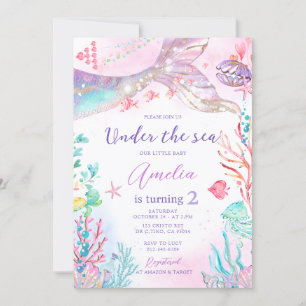 Invitación Púrpura rosa Sirenita bajo el mar Cumpleaños