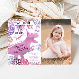 Invitación Púrpura Rosa Tres Rex Chica Dinosaurio Cumpleaños
